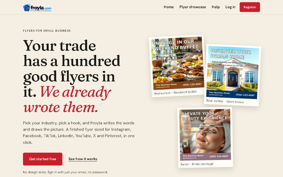 Froyla landing page: flyers made from ready-made marketing ideas