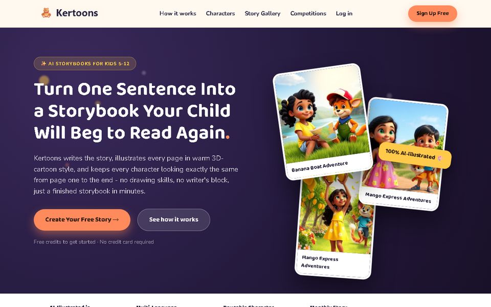 Kertoons landing page: a personalized storybook from one sentence