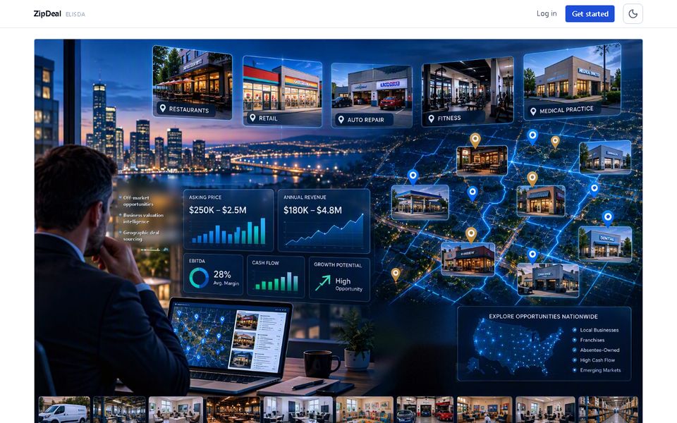 ZipDeal landing page: businesses for sale mapped by ZIP code
