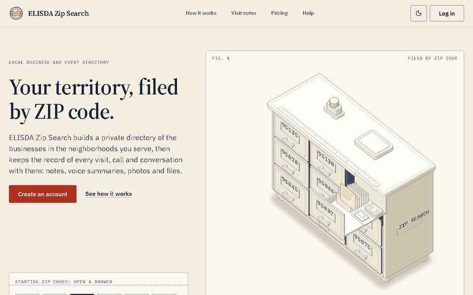 ELISDA Zip Search landing page with a filing cabinet of ZIP code drawers